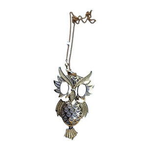 Vintage 1960s Retro Large Gold Tone Metal & Dangling Owl Pendant Neckalce